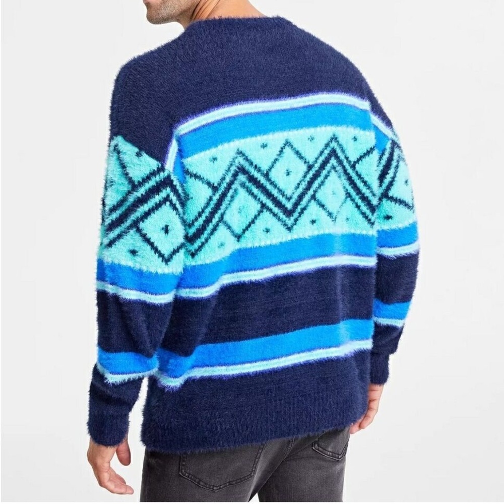 Navy Blue Crewneck Sweater with Geometric Design
